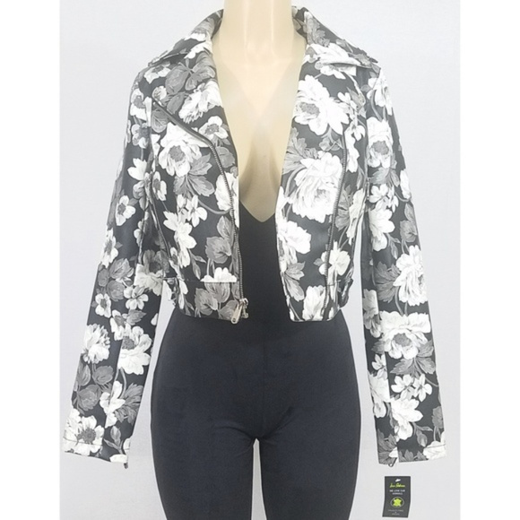 🔥SOLD🔥Sam Edelman Gray Black White Vegan Leather Floral Moto Jacket Size S NWT - Picture 6 of 9